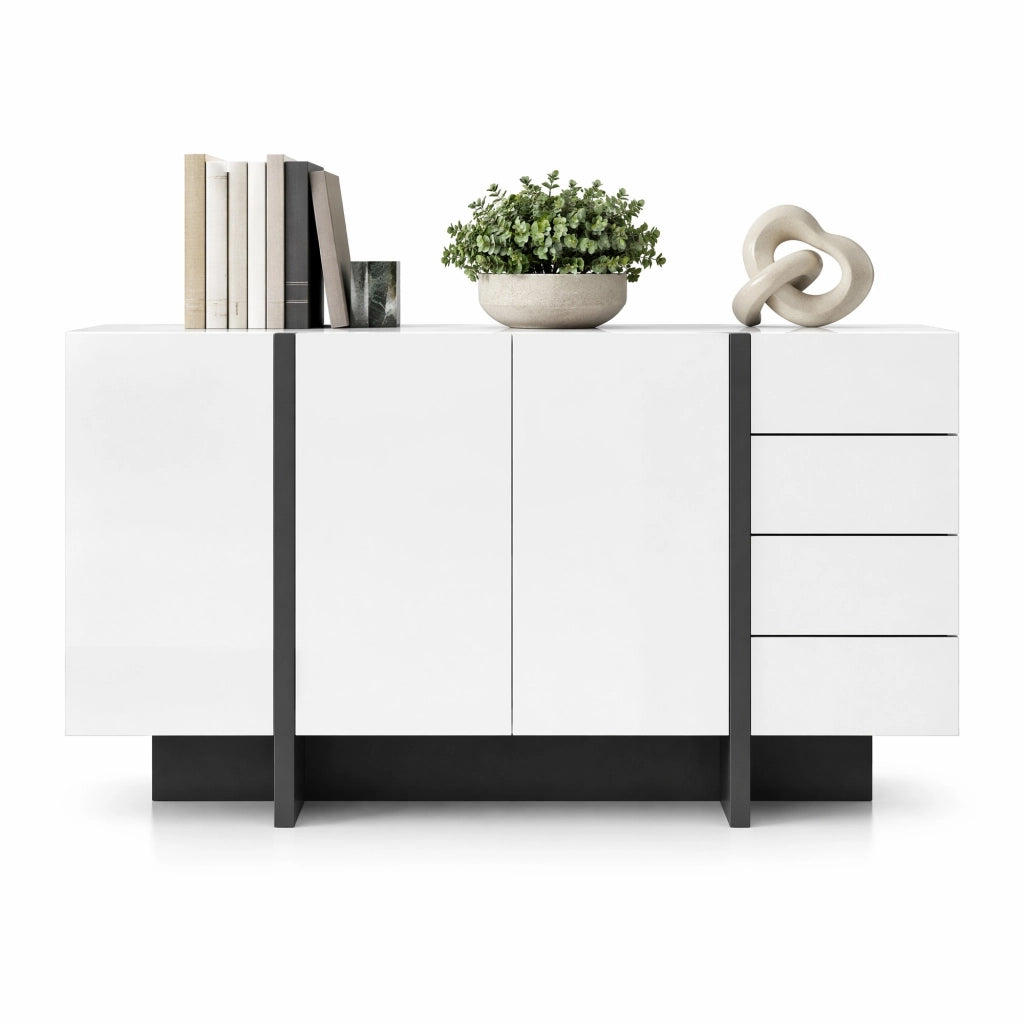Credenza bianca lucida con 2 ante e 4 cassetti, design moderno, struttura in MDF e pannelli truciolari, 150 x 40 x 80,5 cm