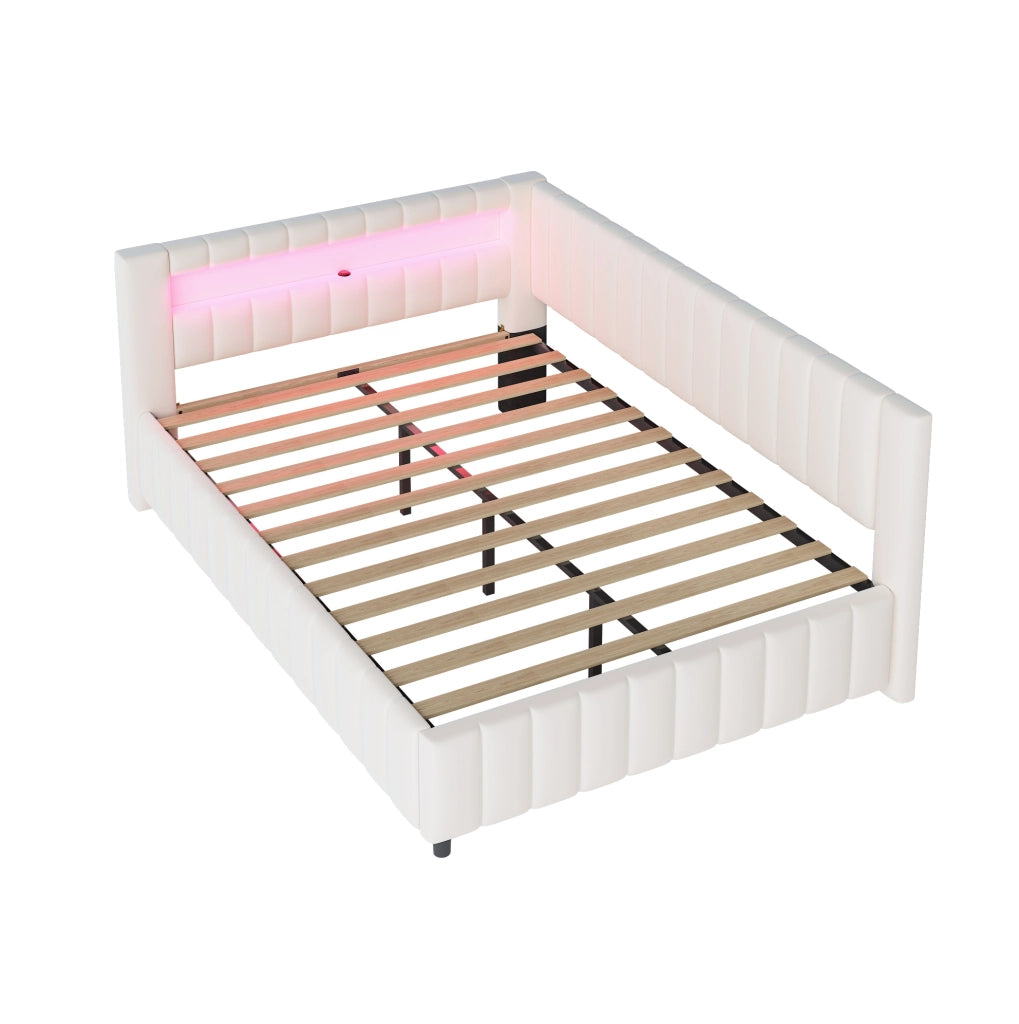 Letto imbottito 140x200 con LED e USB in velluto beige