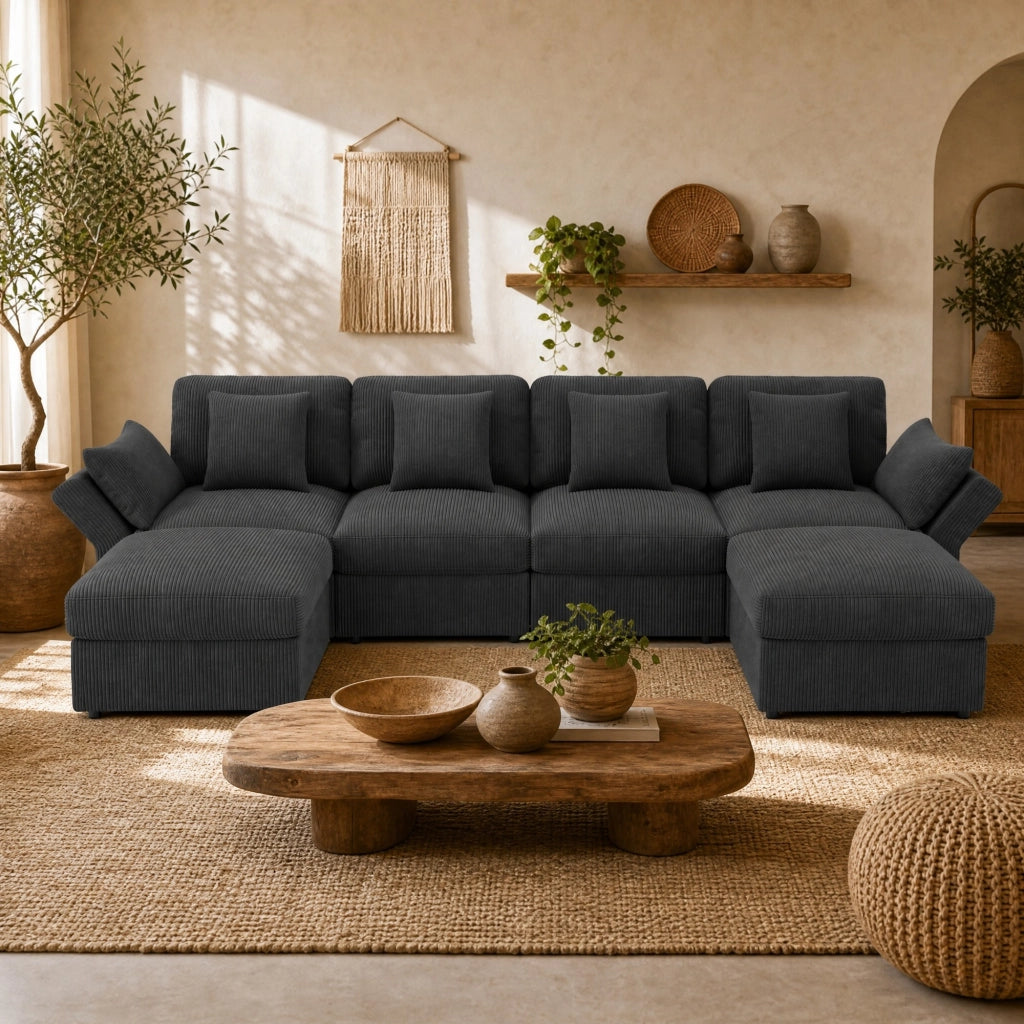 Divano modulare angolare U in corduroy grigio, 4-6 posti, con pouf spostabili e braccioli regolabili