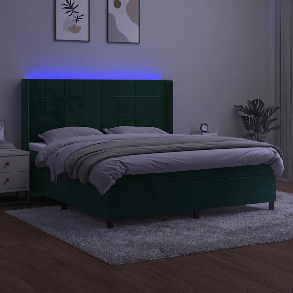 Letto a Molle con Materasso e LED Verde Scuro 180x200cm Velluto 3139580