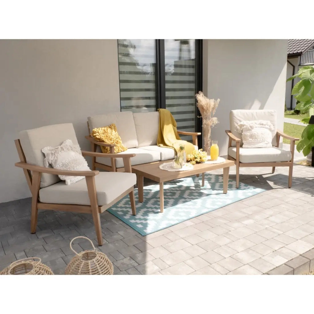 Salotto da giardino ALBORA 4 posti in alluminio effetto legno con cuscini beige e tavolino basso