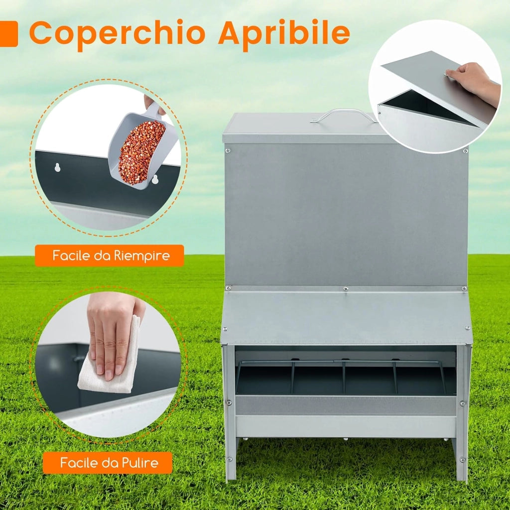 Mangiatore per Galline da 22kg in Acciaio Zincato, Mangiatoia Automatica a Muro con Coperchio, Forniture Agricole per Polli, Anatre, Tacchini e Oche, 35 x 35 x 55 cm