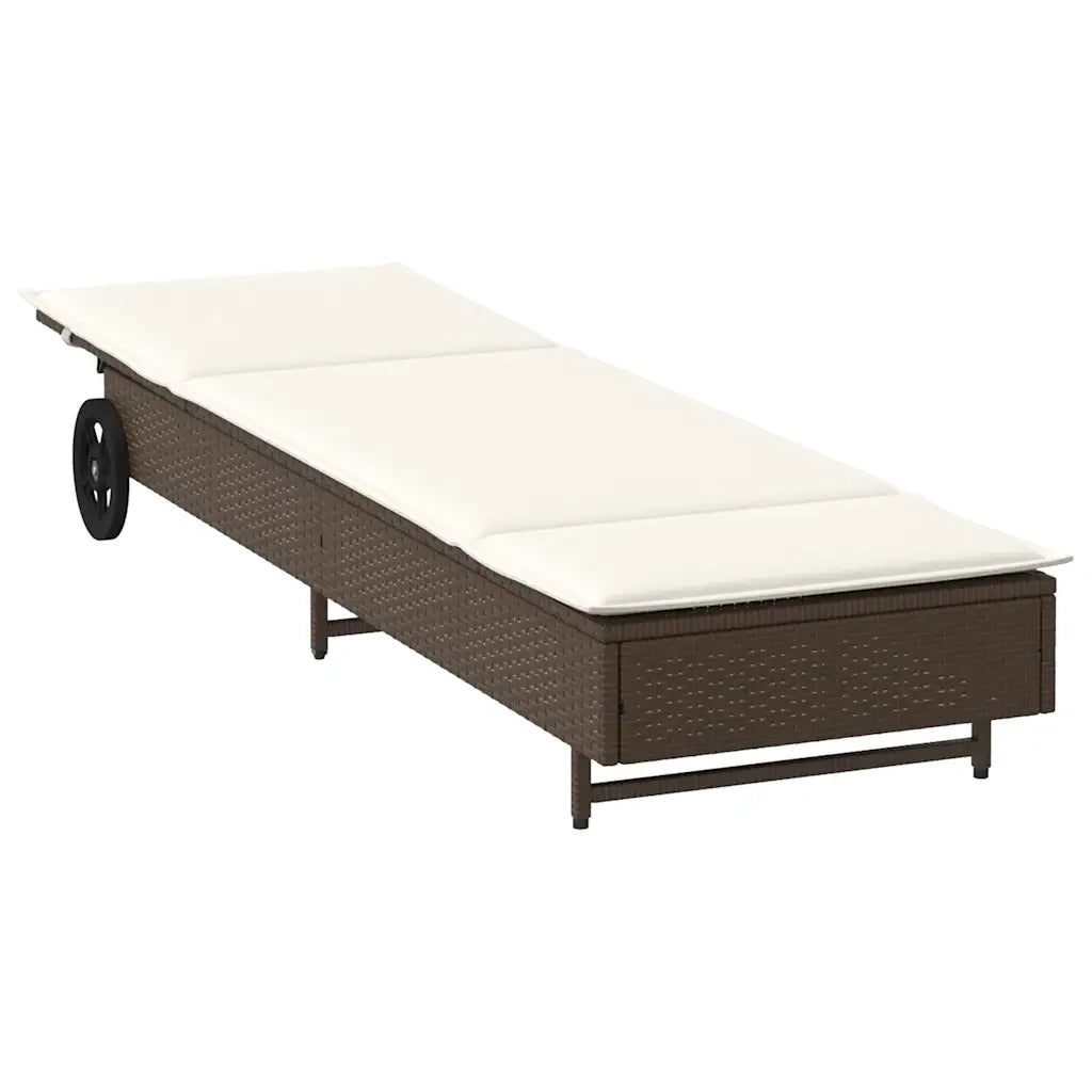 Lettino Prendisole con Ruote e Cuscino in Polyrattan Marrone 4104034