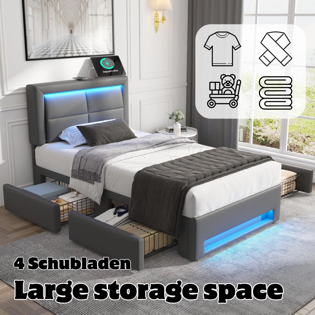 LETTO Polsterbett 90x200 cm con USB, LED e 4 cassetti, grigio