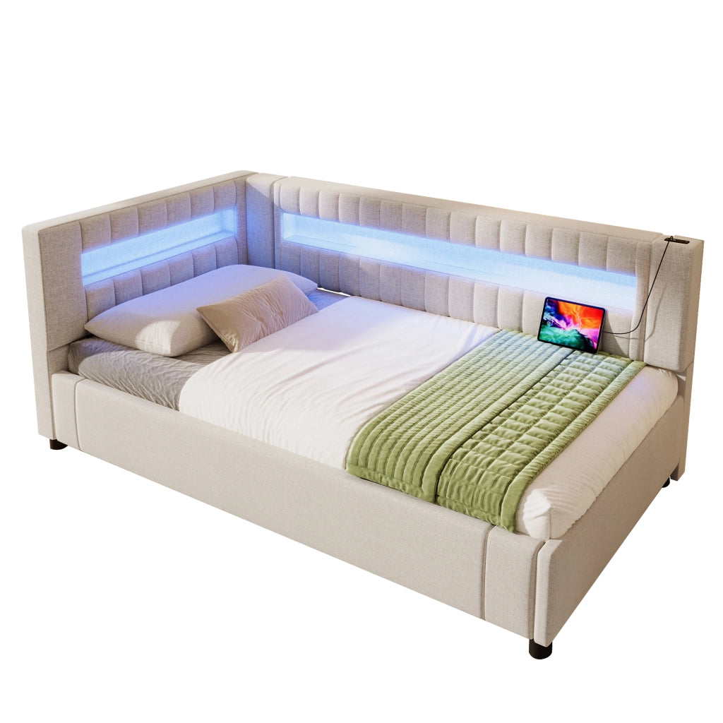 Daybed 90x200 cm in lino beige con LED, USB+TYPE-C e contenitore idraulico