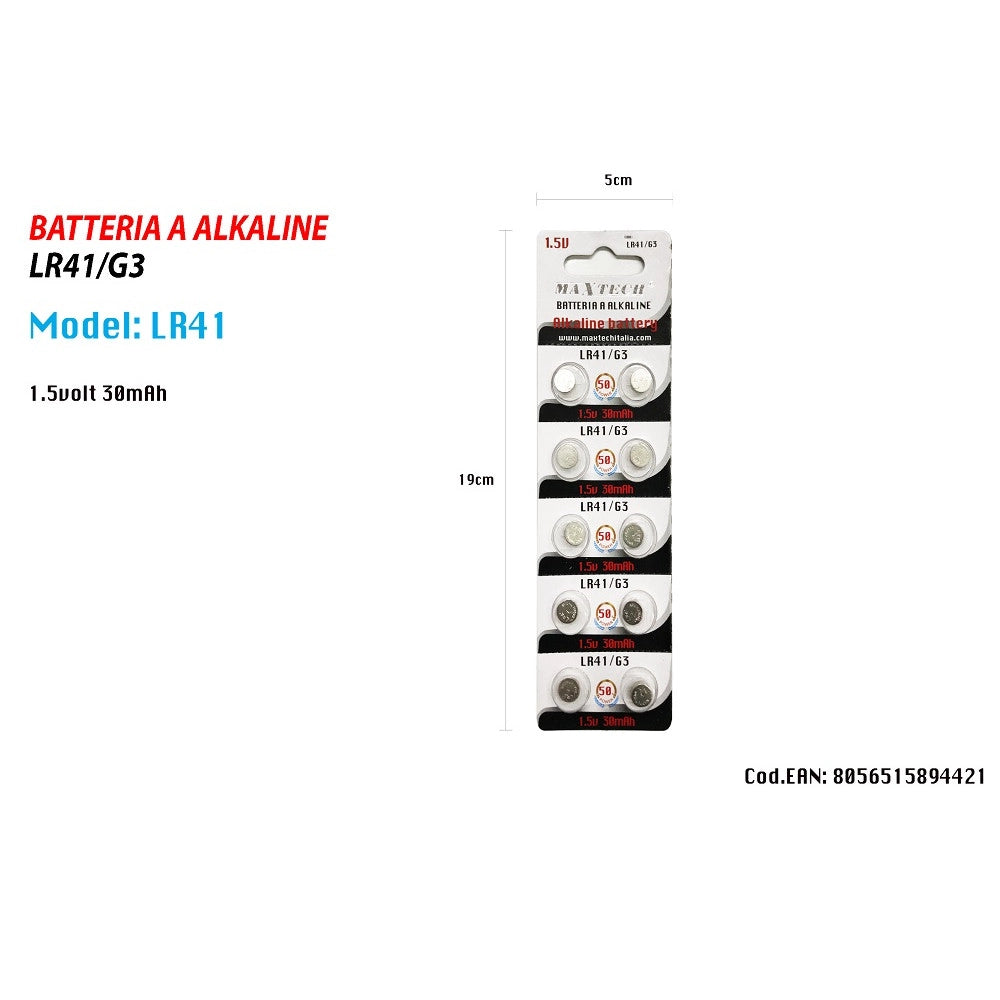 Trade Shop - Batterie Pile Alkaline Lr41/g3 1.5v A Bottone Per Orologi Telecomandi Maxtech Lr41 -