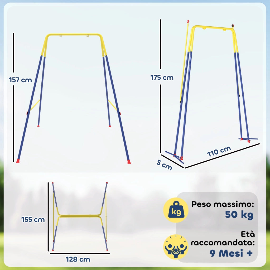 Struttura per Altalena da Giardino 128x155x157 cm con 2 Ganci in Acciaio Giallo e Blu