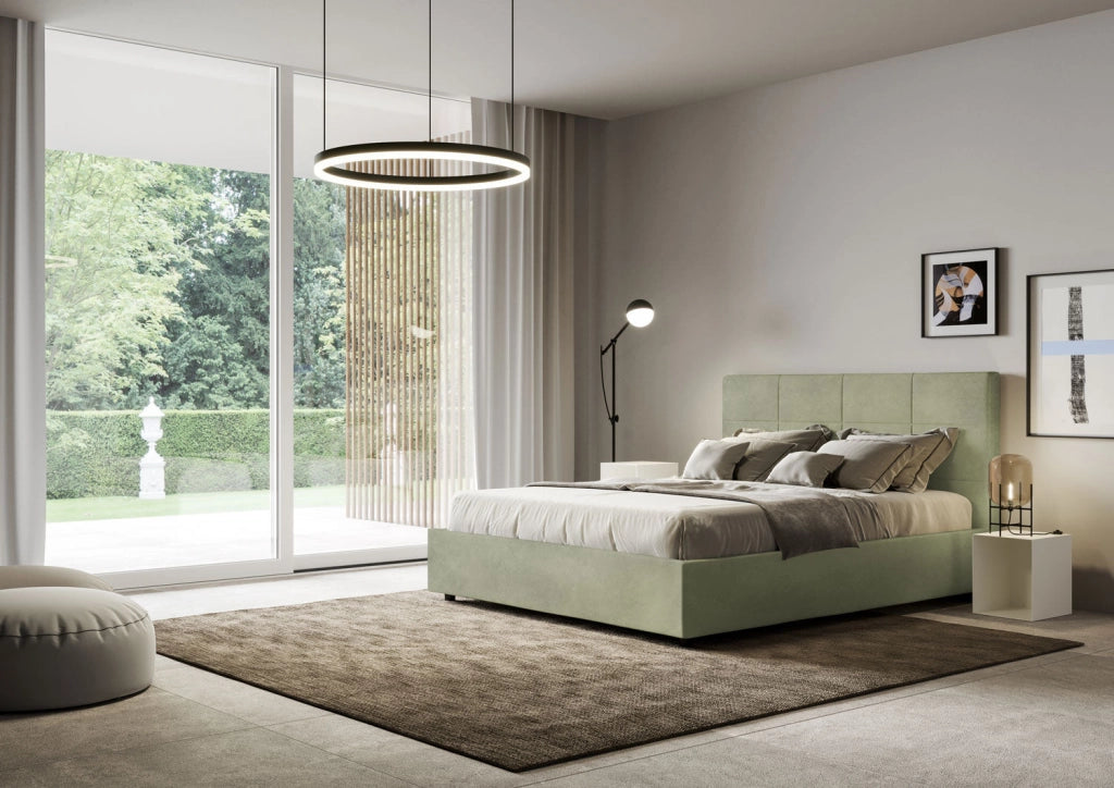 Letto queen size senza rete imbottito 150x200 microfibra sabbia Mika