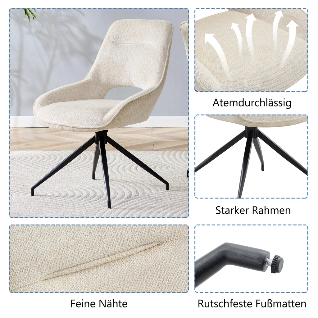 Sedia da pranzo girevole 360° con braccioli, tessuto e metallo, Beige Nero