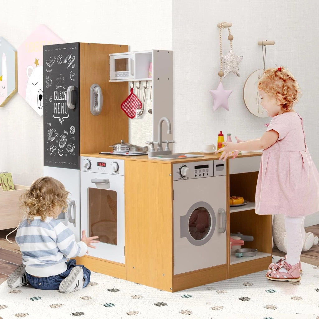 Cucina Giocattolo per Bambini, Cucinetta in Legno con Suoni e Luci Realistici, Fornello, Microonde, Rubinetto e Lavatrice, Cucina da Gioco di Finzione con Accessori per Bambini 3+ Anni