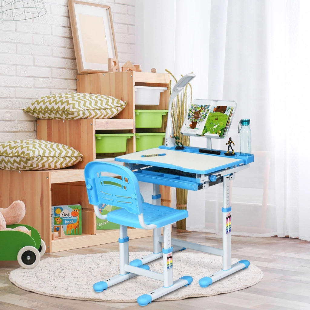 Scrivania per bambini altezza regolabile 54-76cm Set tavolo e sedie bimbi inclinabile con lampada, Blu