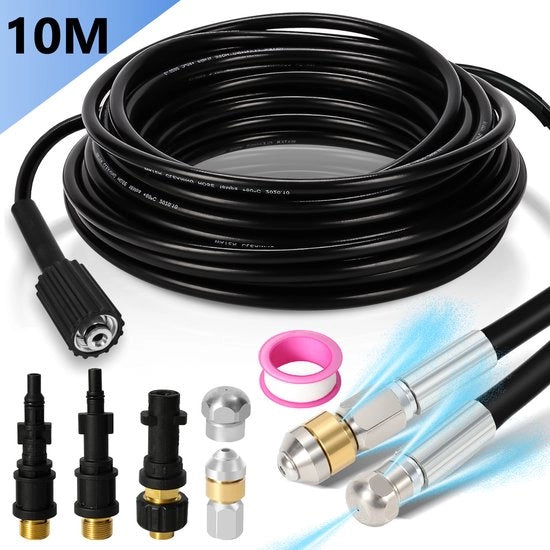 Slang di scarico 10 Metri Adatto per Lavor e Kärcher K2, K3, K4, K5, K6, K7 e Lavor Aspirapolvere ad alta pressione - Kit di scarico Slang pulizia - Kit di pulizia scarichi - Con testa rotante e frontale