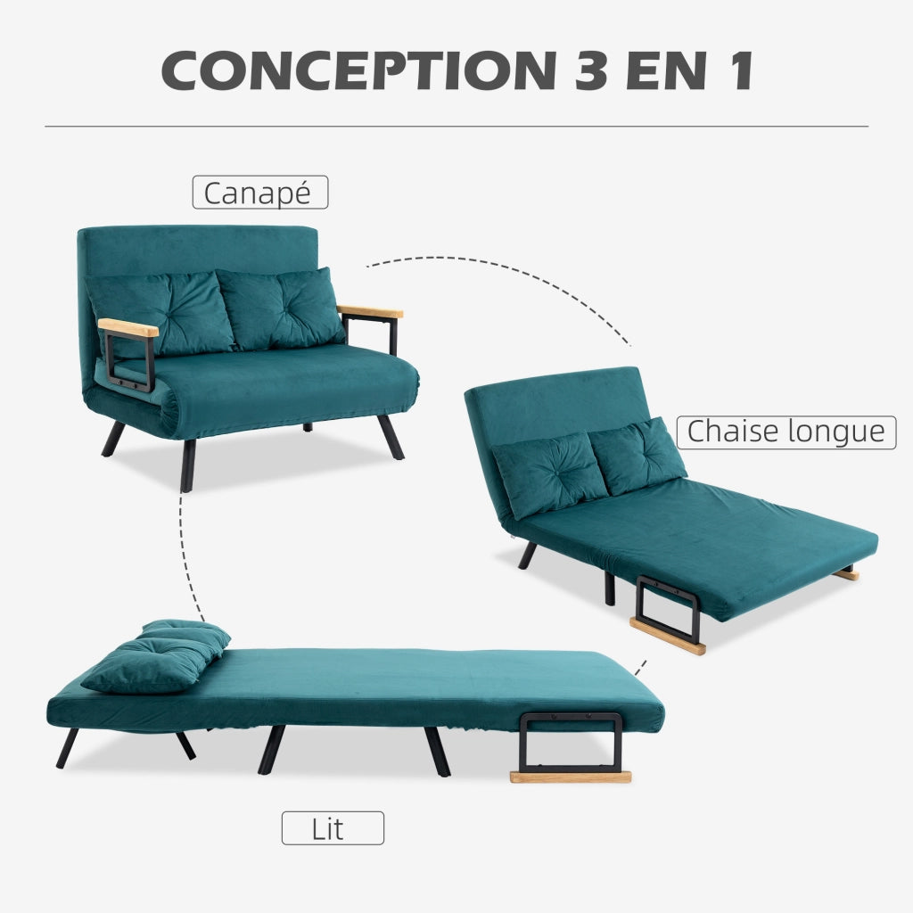 Divano letto 2 posti ¨C Xylo ¨C Velluto verde con schienale regolabile e 2 cuscini