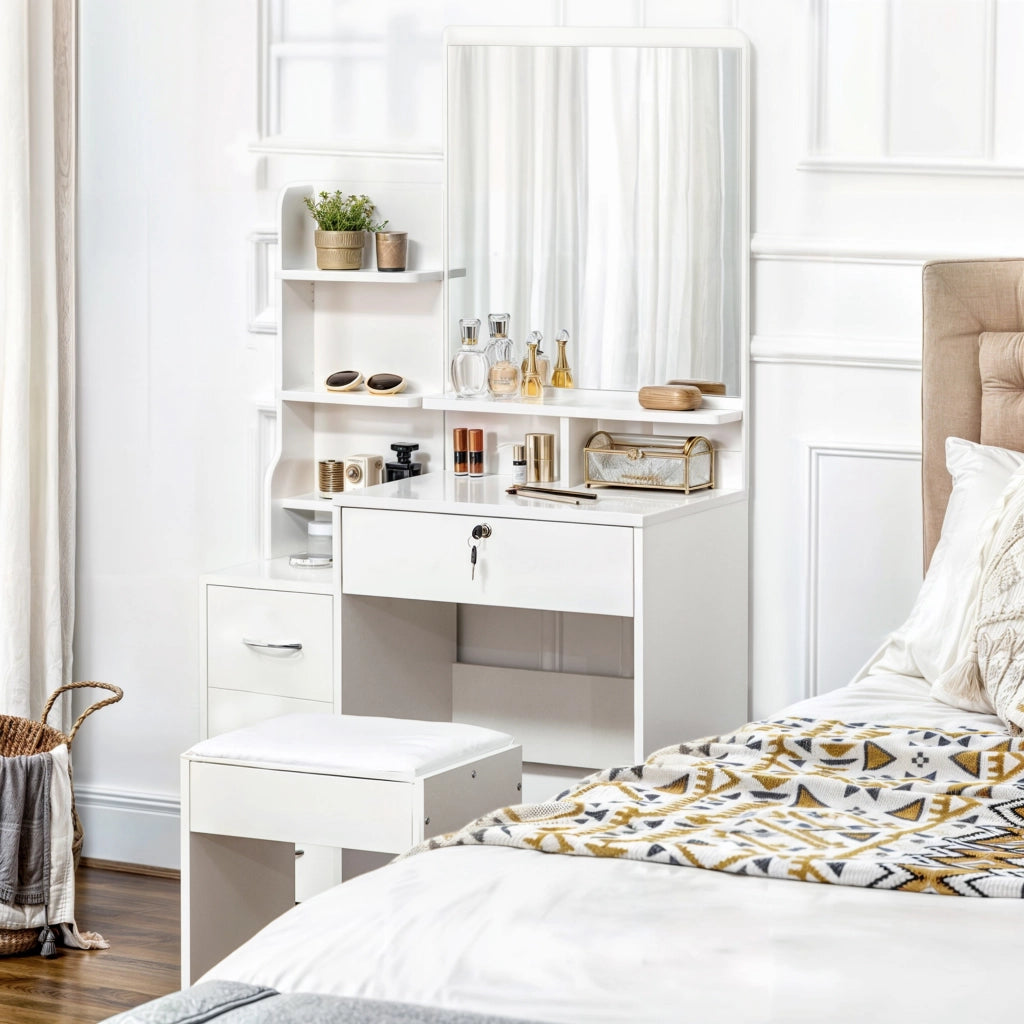 Cassettiera trucco con specchio e sgabello ¨C Minimal ¨C 80x38x143 cm bianco