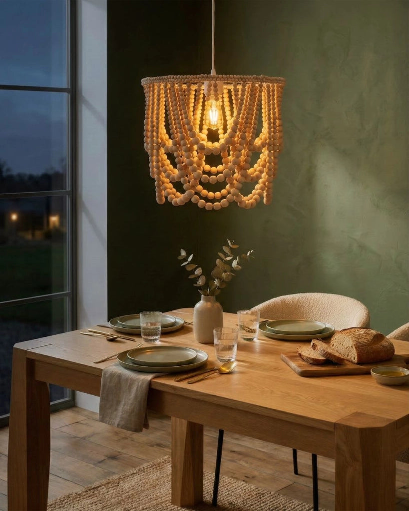 Lampadario perline di legno di gomma marrone stile Boho