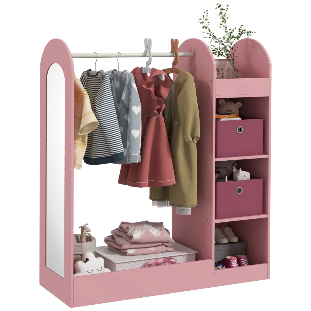 Armadio Bambini con Ante, Ripiani, Scatole e Specchio ¨C zephmum ¨C Legno, Rosa