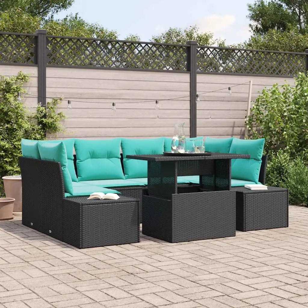 Set Divano da Giardino 7 pz 6-Numero di posti Nero e Turchese 3357859