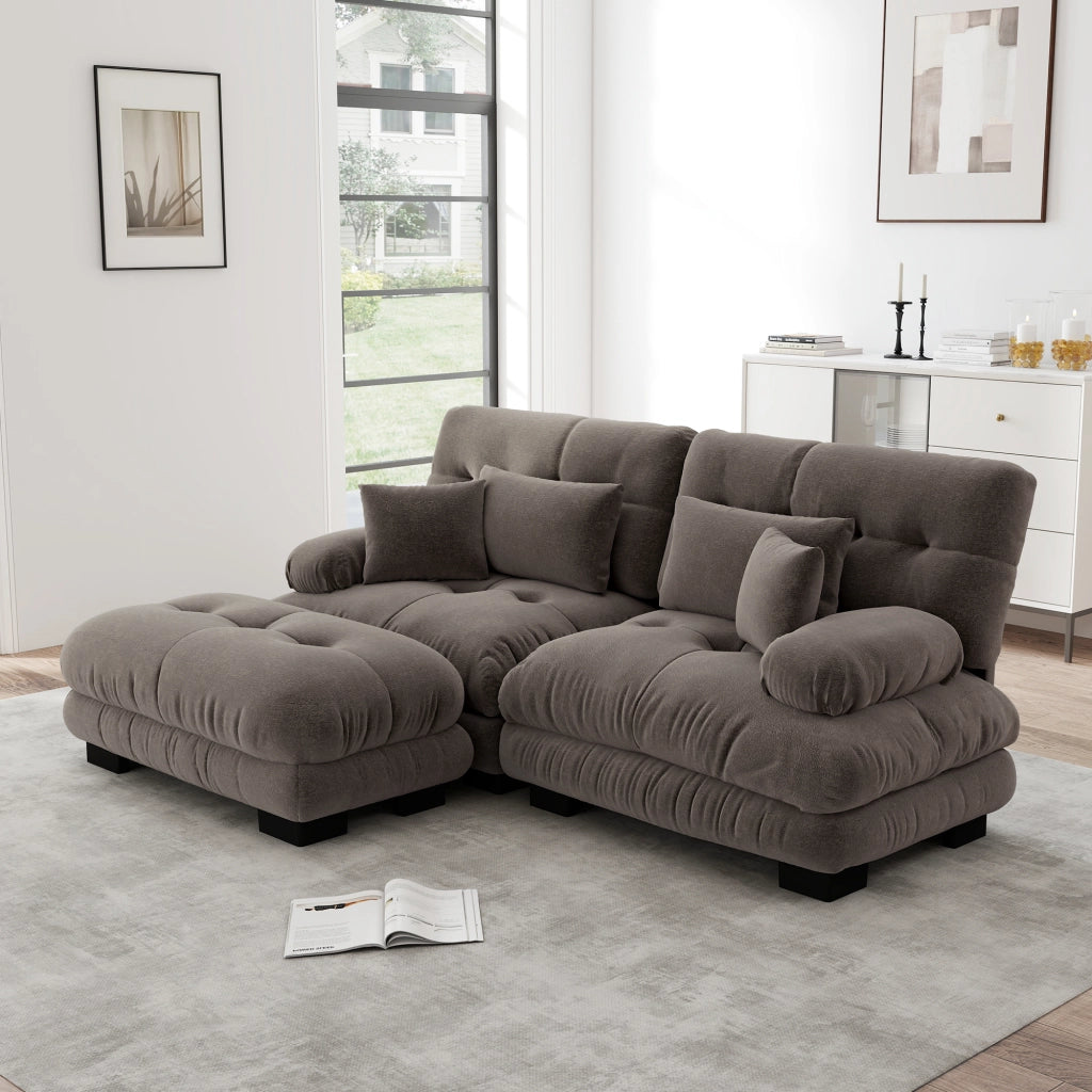 Divano Angolare Chenille con Ottoman ¨C Xylo ¨C Marrone, Braccioli Larghi, Cuscini