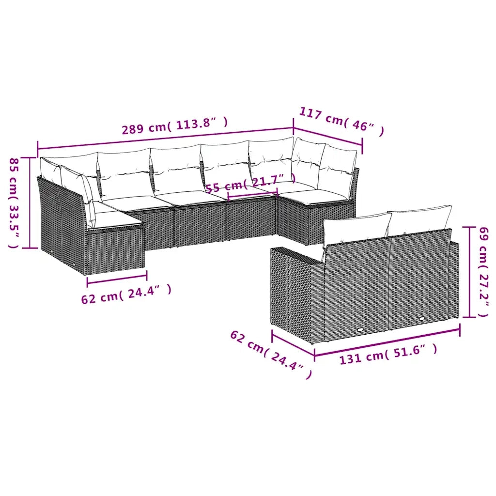 Set Divani da Giardino 9pz con Cuscini Marrone in Polyrattan 3219414