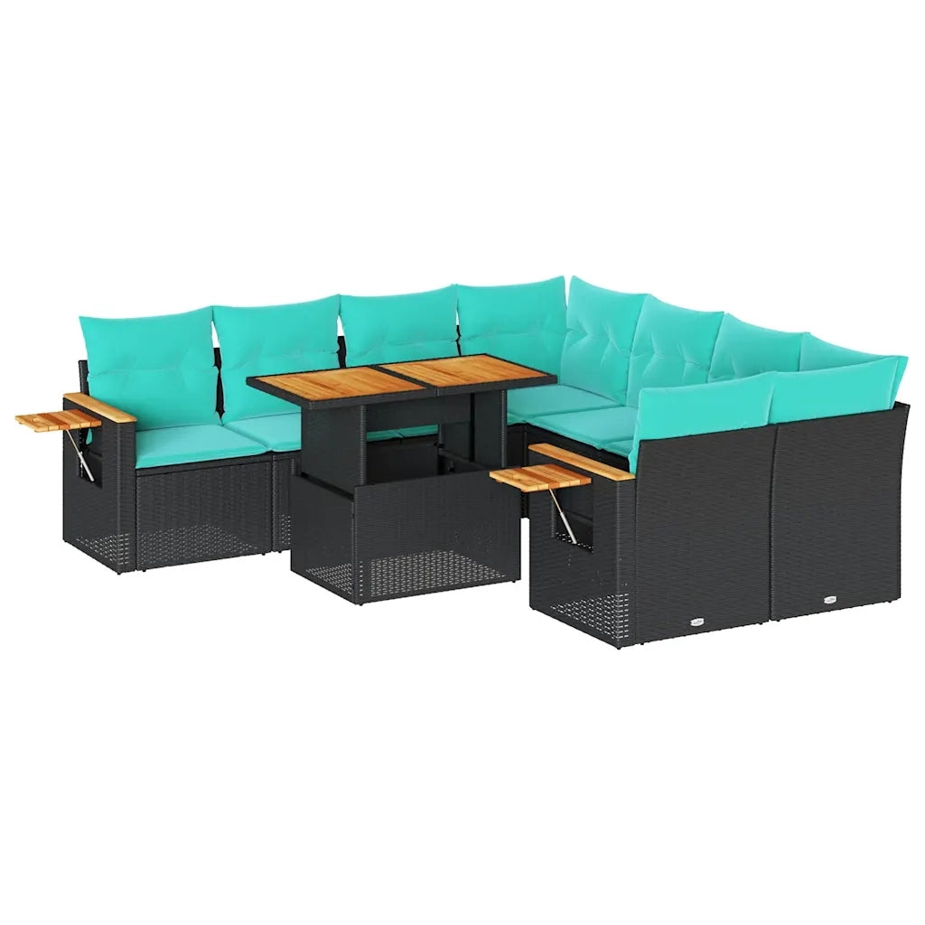 Set Divani da Giardino 9 pz con Cuscini Nero in Polyrattan 3327578