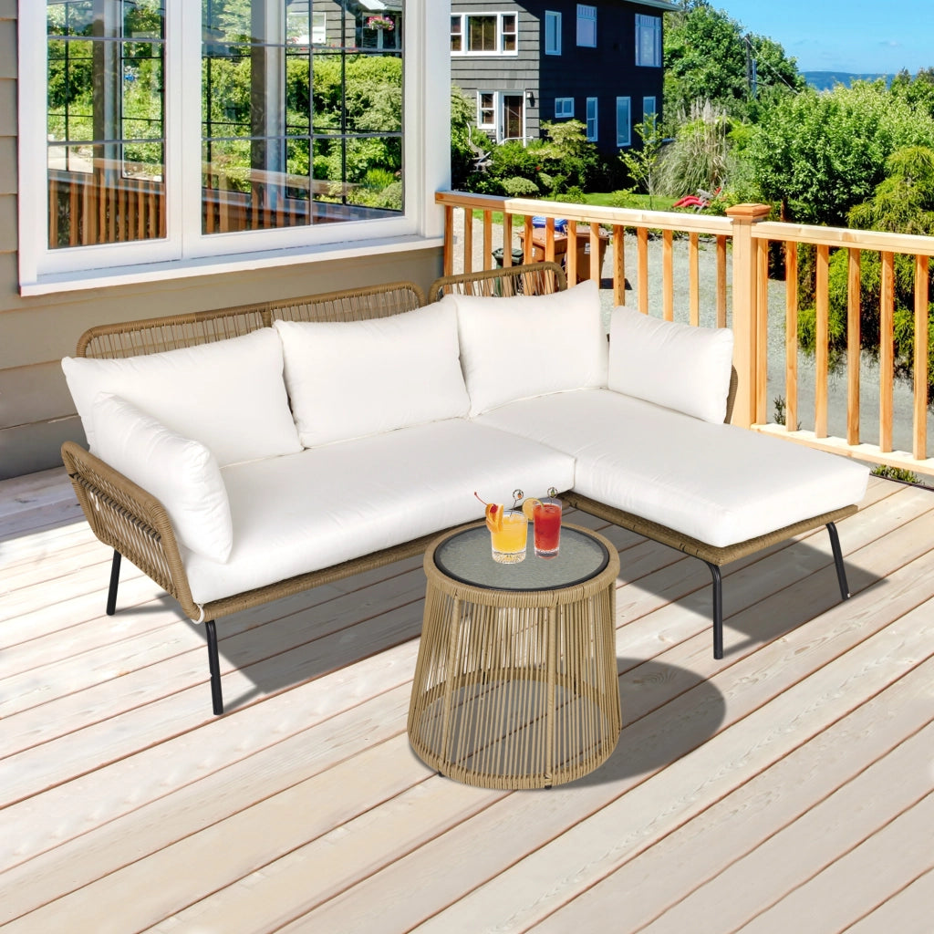 EasyComfort Set da Giardino in Rattan Stile Boho Chic con Divano Angolare e e Tavolino, Crema e Caffè