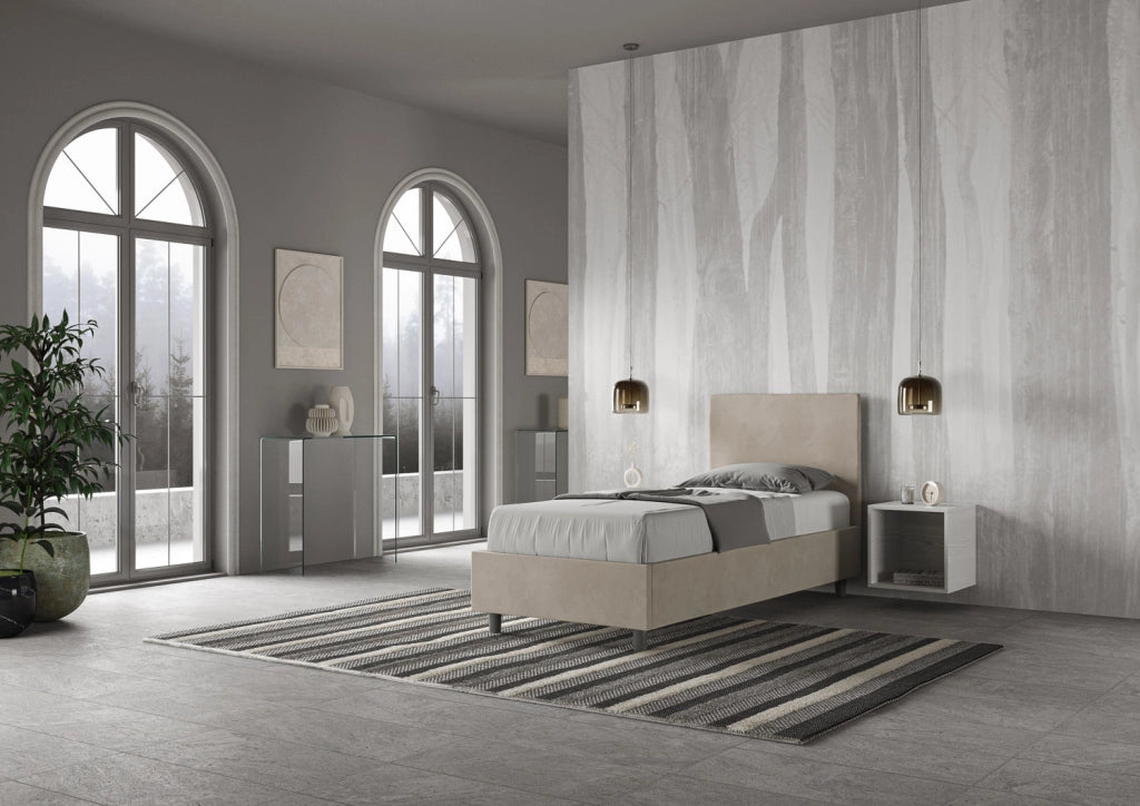 BS COM Letto singolo contenitore imbottito 80x190 microfibra sabbia