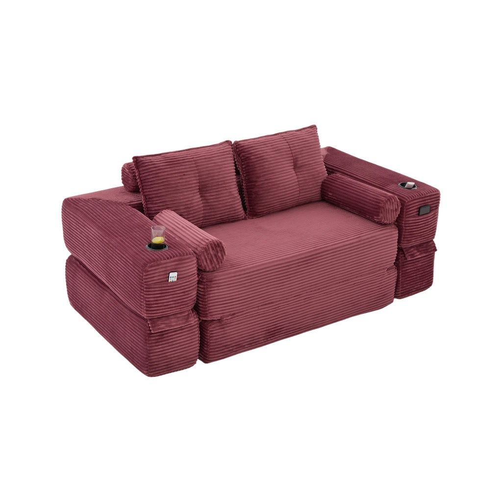 Divano Letto 2 Posti ¨C MINIMAL ¨C Tessuto a Coste, Cuscini Memory, con Tasche e Portabicchieri