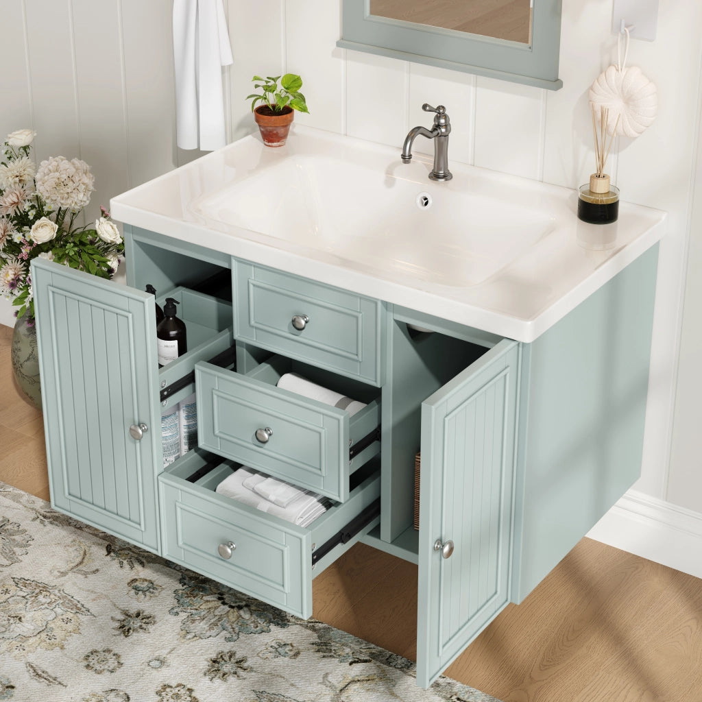 Mobile bagno sospeso con 3 cassetti, lavabo in ceramica e vano contenitore per bagno, verde, 78.5×46×46.8 cm