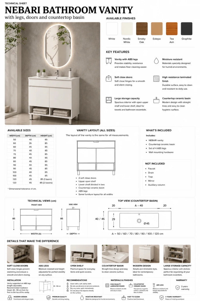 Mobile bagno con piedini con lavabo extrapiano ORIGENBATH NEBARI senza specchio 80x45 cm bianco