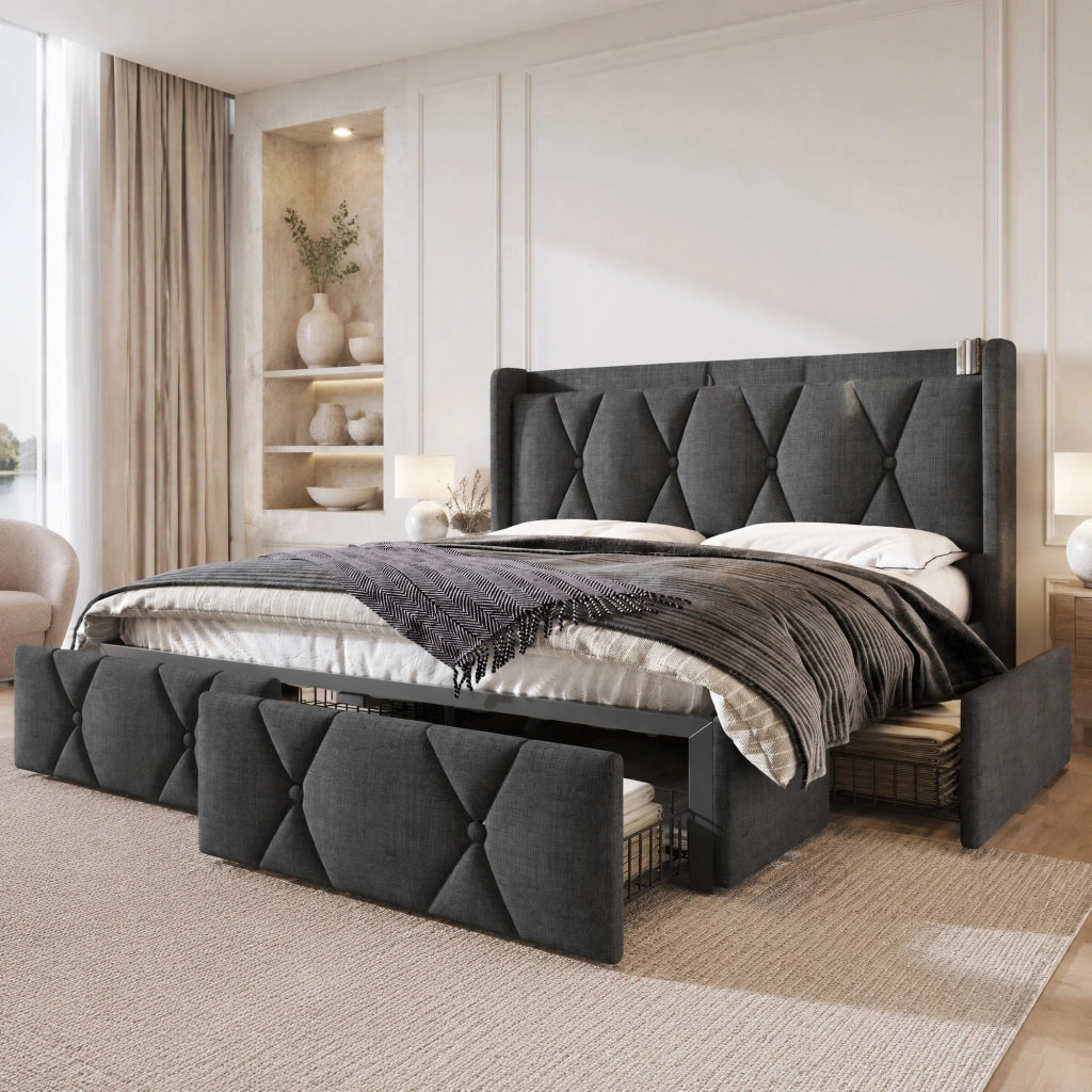 LETTO Contenitore 140x200 cm Grigio in lino con 4 cassetti, USB e prese