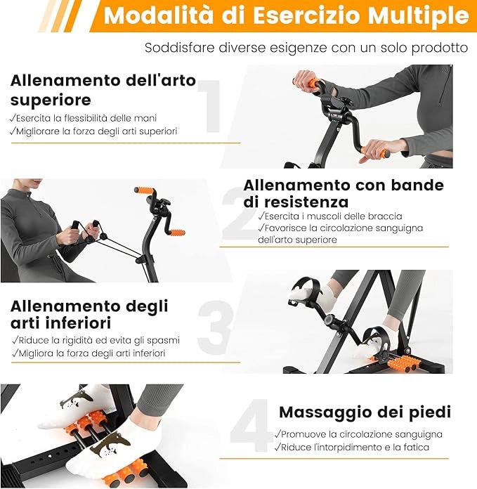Cyclette a Pedali, Macchina per il Fitness per Mani, Braccia, Gambe e Ginocchia con Massaggio e Monitor LCD, Altezza e Lunghezza Regolabili