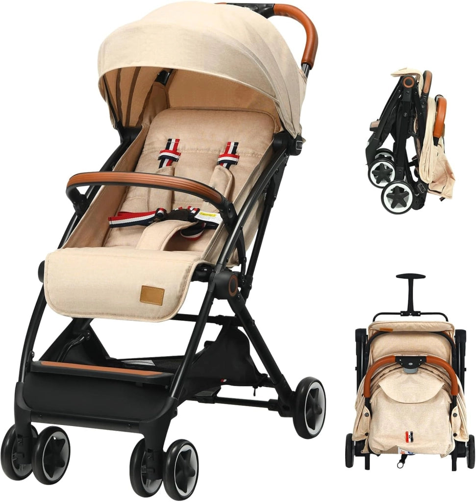 Passeggino Pighevole per Bmabini, Passeggino con Schienale e Poggiapiedi Regolabili, Passeggino Leggero Portata 15 kg, con Cappottina e Zanzariera, per Bambini 0-3 Anni (Beige)