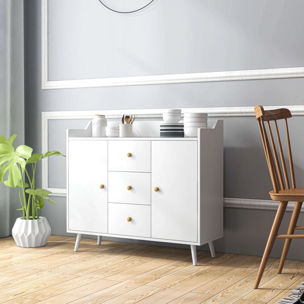 Credenza Moderna con 2 Ante e 3 Cassetti ¨C Minimal ¨C Bianco Legno Pino 90x32x80