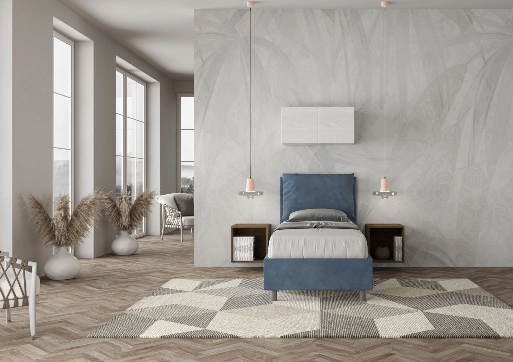 BS COM Letto singolo contenitore imbottito 90x190 microfibra blu