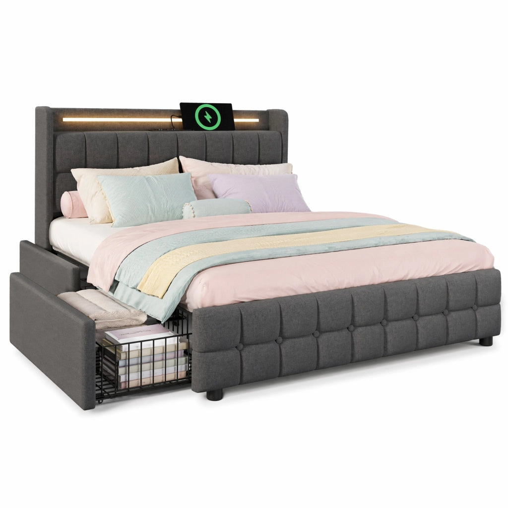 LETTO 160x200 cm Grigio in legno con 4 cassetti, LED, USB e prese
