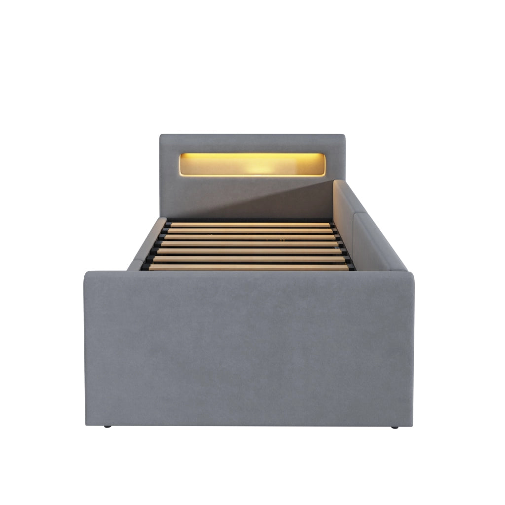 LETTO imbottito 90x200 cm in velluto grigio con LED, USB e contenitore idraulico