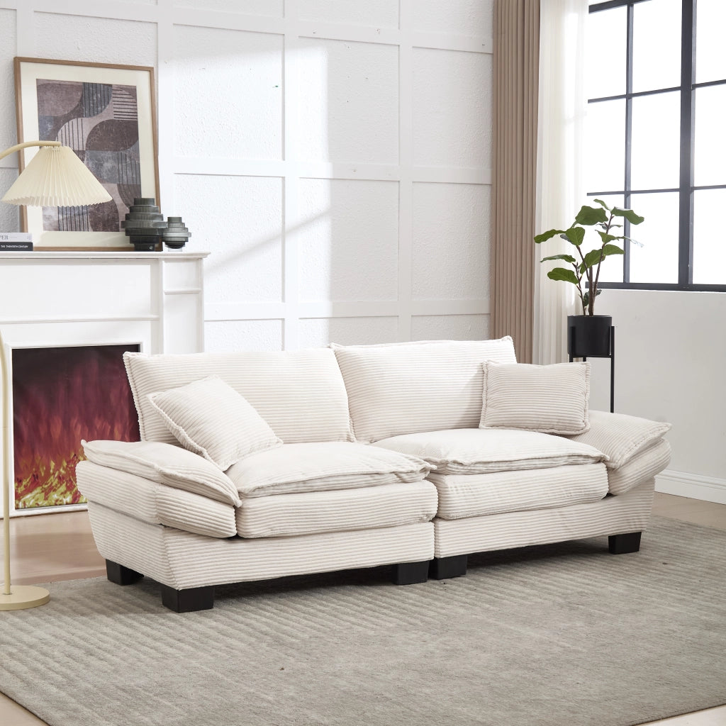 OKWISH Divano Lineare 2 Posti con Seduta Ultra Profonda, Braccioli Imbottiti e 2 Cuscini, Velluto Beige