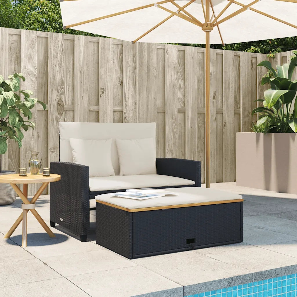 Divano Giardino con Cuscini 2 Posti-Sofa da Giardino-Divanetto da esterno Nero Polyrattan e Acacia