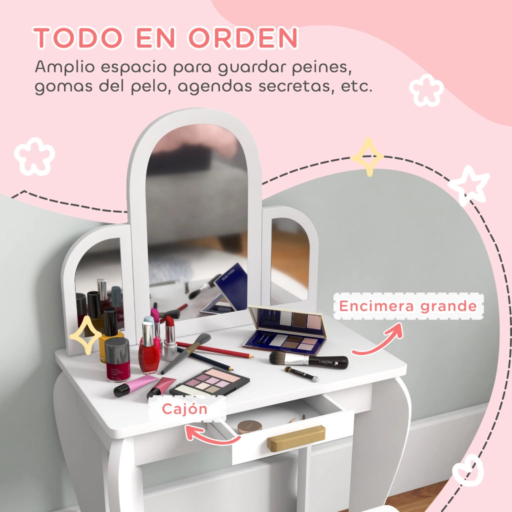 Tocador per Bambini con Specchio e Sgabello ¨C Minimal ¨C Bianco 3-6 Anni
