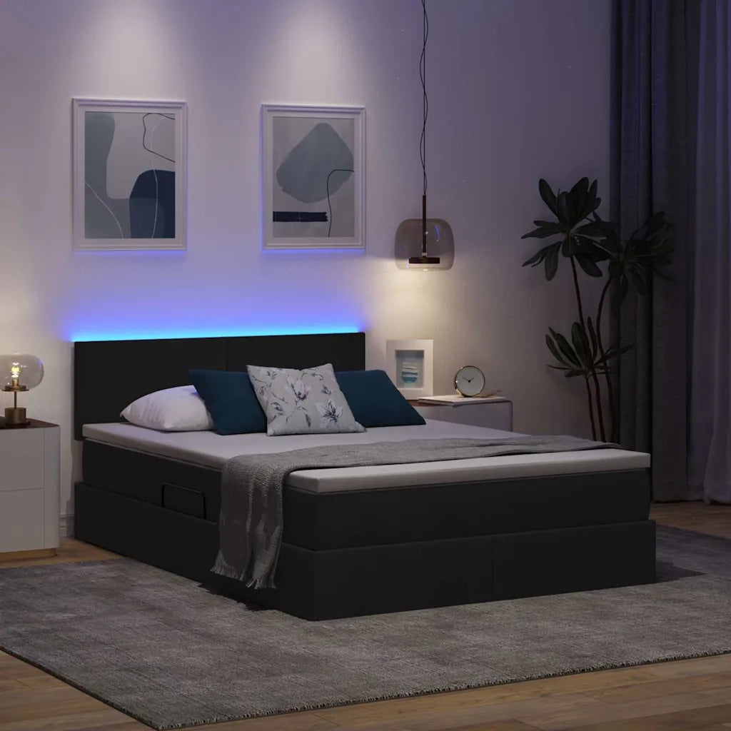 Letto con contenitore e LED con led Nero 140 x 190 cm Tessuto