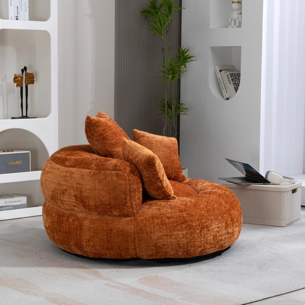 Poltrona sacco per adulti in ciniglia arancione con schienale ergonomico; 108x108x52 cm