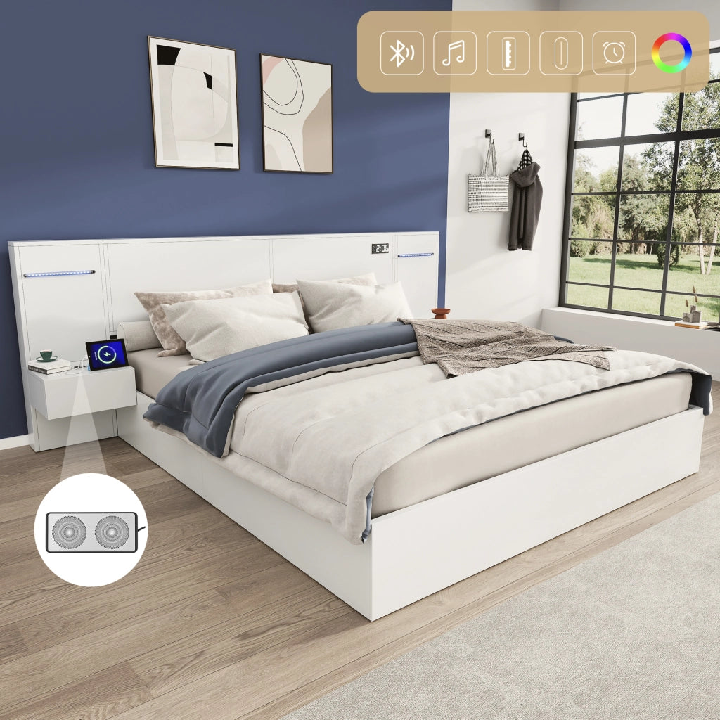 LETTO matrimoniale 160x200 cm MDF bianco con USB, Bluetooth e comodini