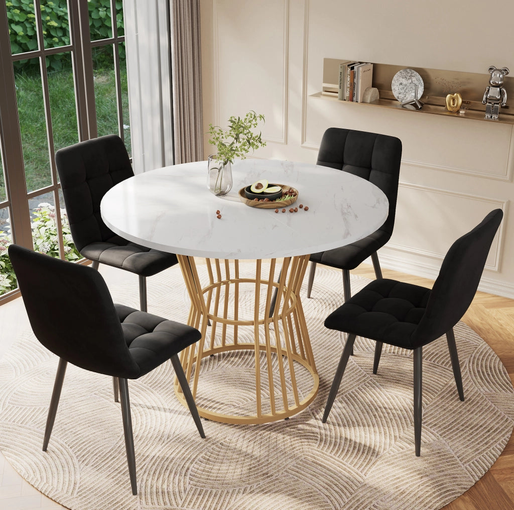 Tavolo da pranzo rotondo 100x75 cm in MDF effetto marmo; struttura in metallo bianco
