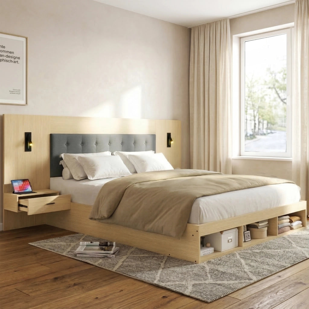 LETTO matrimoniale 180x200 cm con 2 comodini, USB e Type-C, rovere chiaro