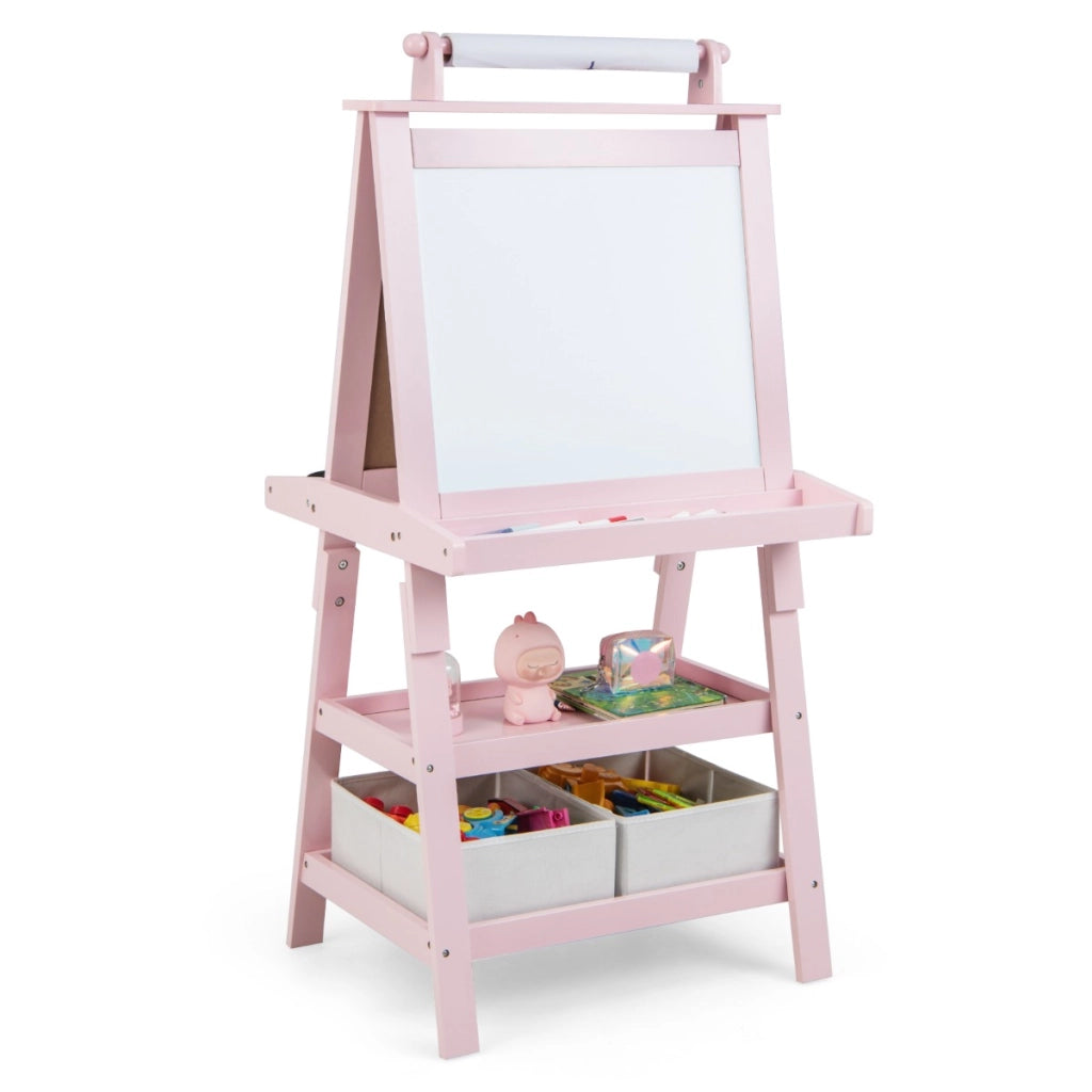 Cavalletto double face 3 in 1per bambini, Treppiede con lavagna bianca e nera e rotolo di carta Rosa-Cavalletti e lavagne bambini