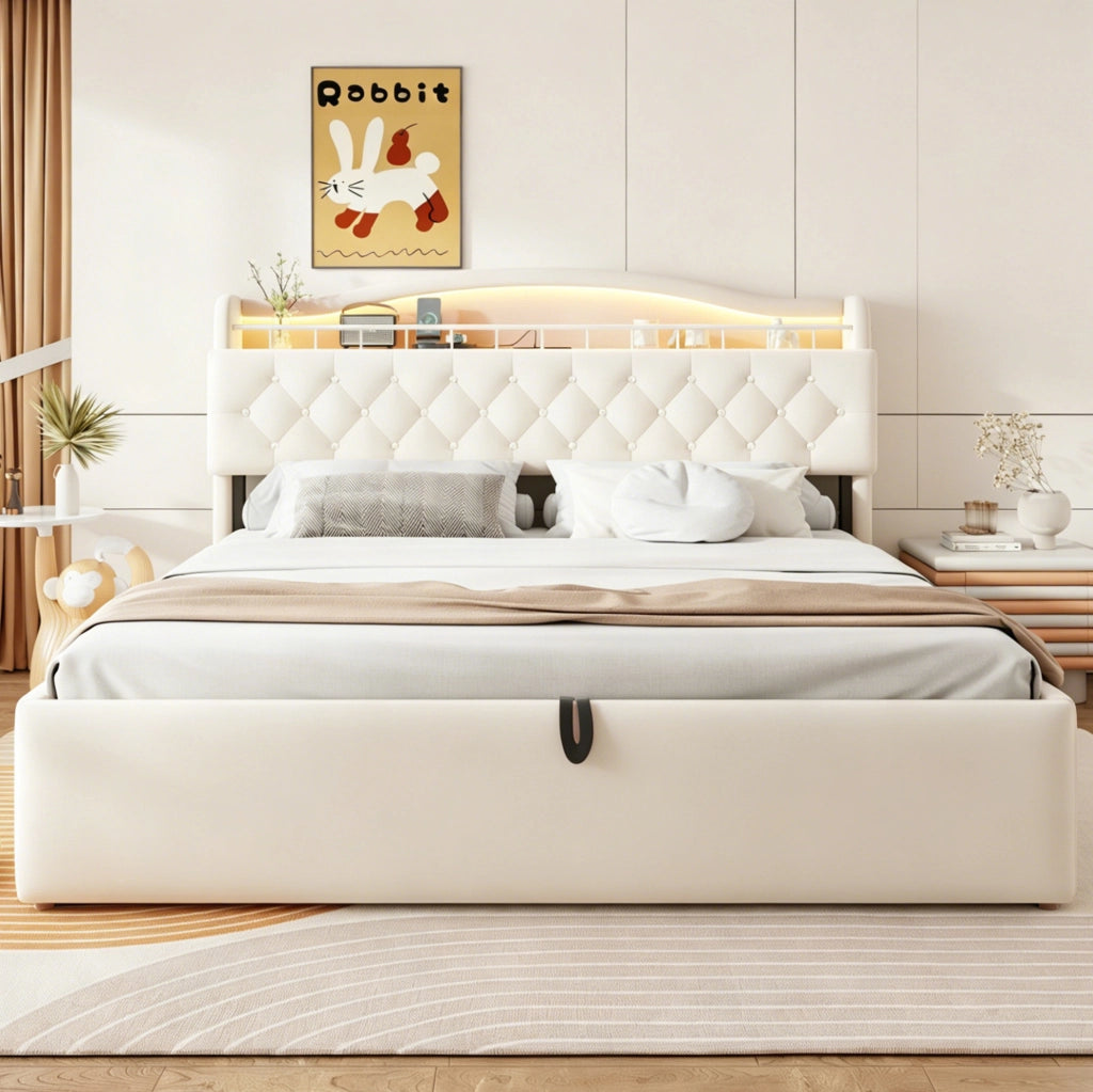 Letto imbottito 180x200 cm con contenitore idraulico; LED; USB e USB-C