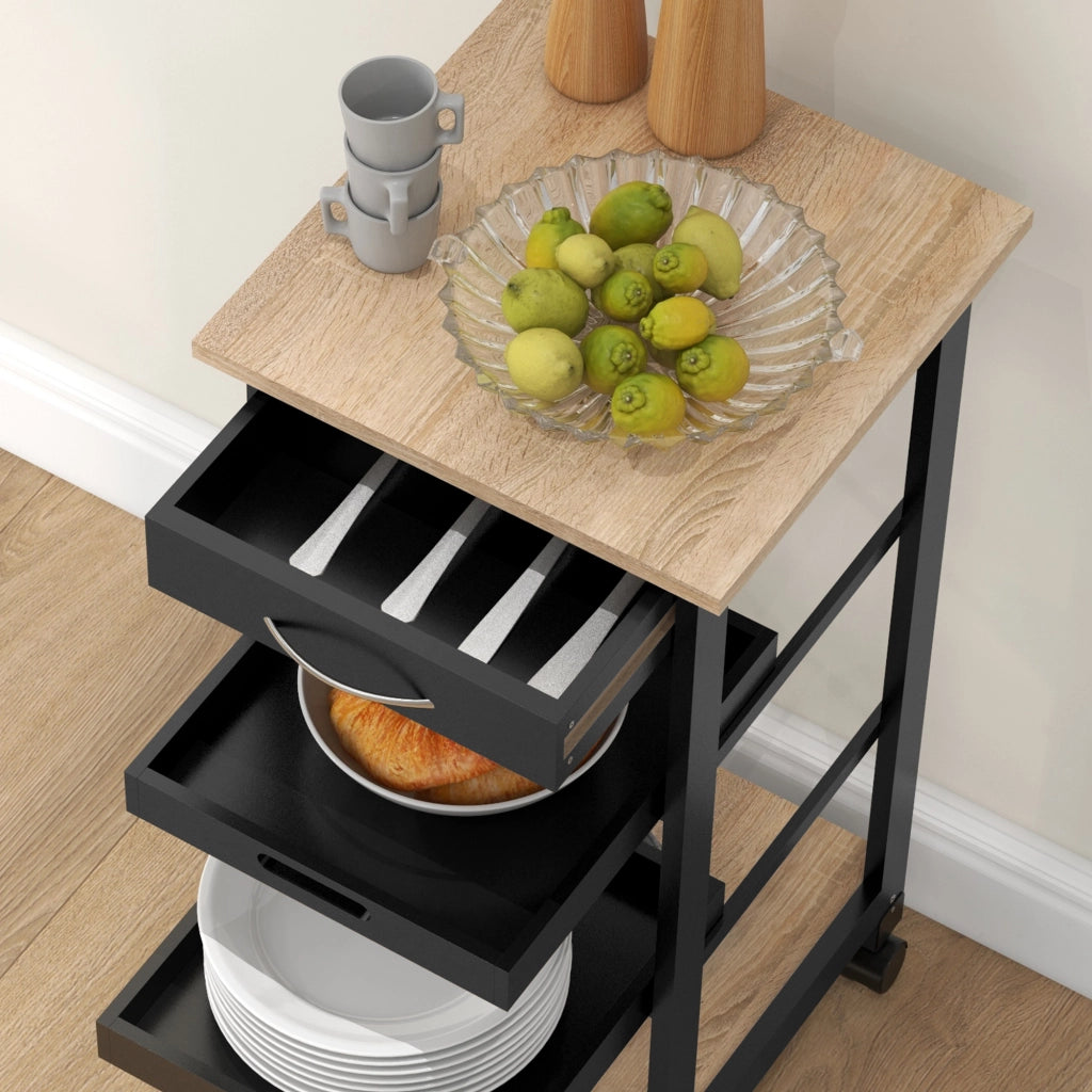 Carrello di servizio per cucina ¨C Minimal ¨C 2 ripiani amovibili, cassetto, scaffale, legno quercia chiaro e nero