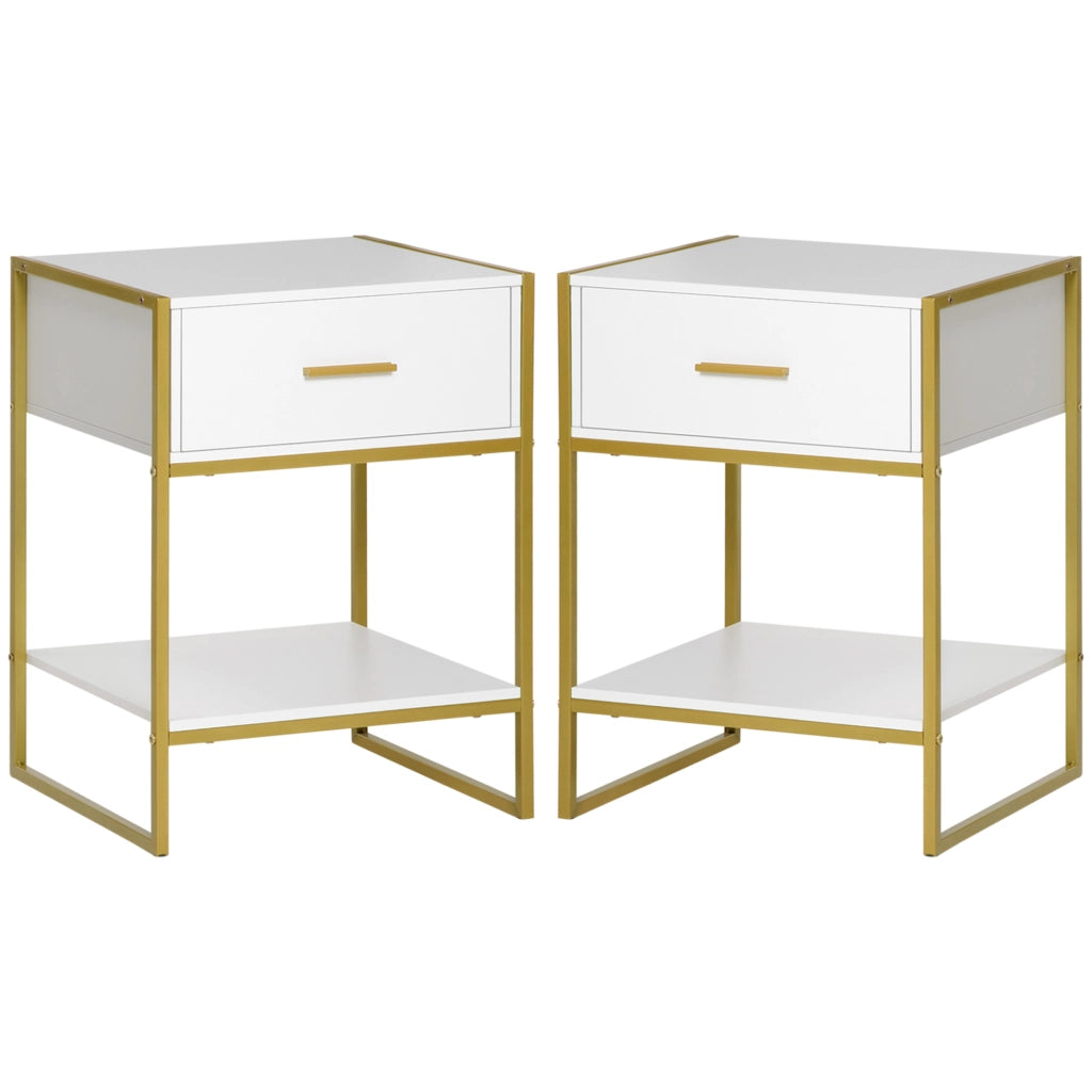 Comodini Moderni con Cassetto ¨C Minimal ¨C Bianco e Oro, MDF e Acciaio, 45x40x60cm