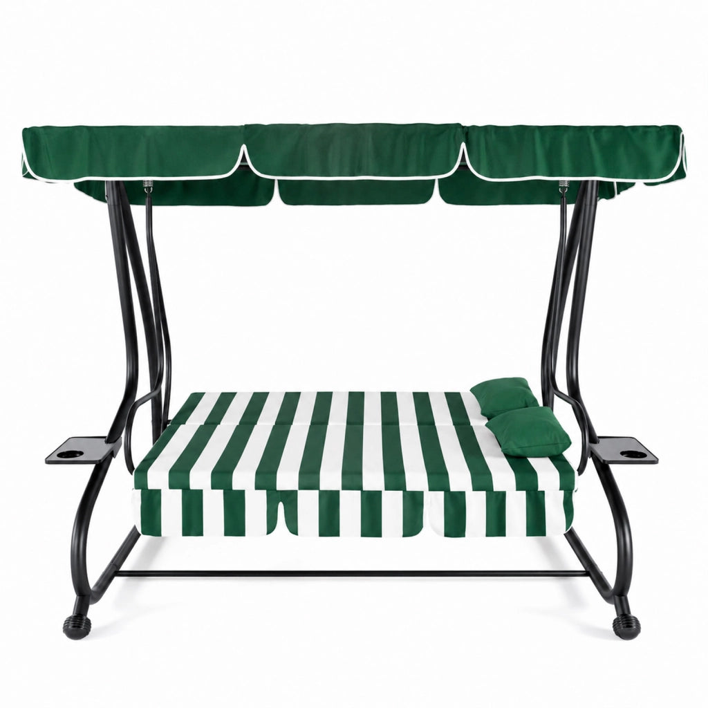 Dondolo 3 Posti Reclinabile Madeira Tettuccio Parasole Regolabile Cuscini Imbottiti Diventa Letto Struttura Robusta In Acciaio Verniciato Giardino Esterno Balcone Terrazzo 200 x 120 x 160 cm Verde E Bianco