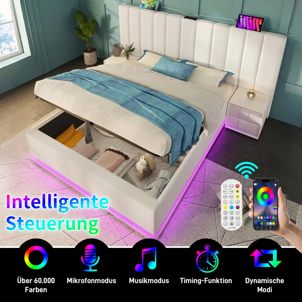 LETTO Contenitore 160x200 cm in PU Bianco con LED e ricarica USB-C